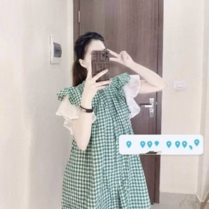 Váy Babydoll Chất Caro Xanh Tay Bèo Cute V112 -Cloudy Dress