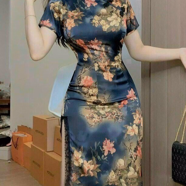 Đầm Sườn Xám Hoa Nút Mây Tôn Dáng Chất Thun Dẻo In 3D V176 - Cloudy Dress - Ảnh 2