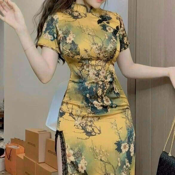 Đầm Sườn Xám Hoa Nút Mây Tôn Dáng Chất Thun Dẻo In 3D V176 - Cloudy Dress - Ảnh 4