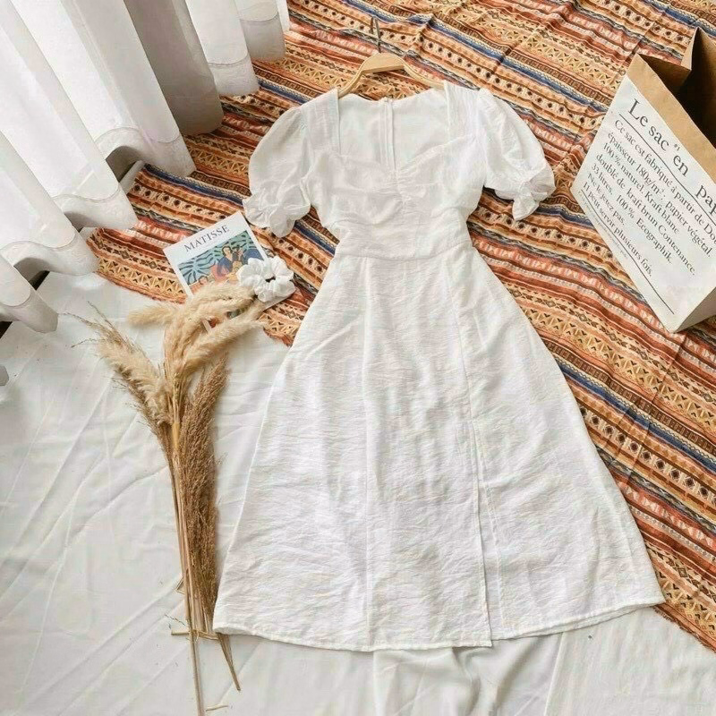 Đầm Xẻ Tà Tay Phồng Chất Đũi Nhăn V182 - Cloudy Dress - Ảnh 3