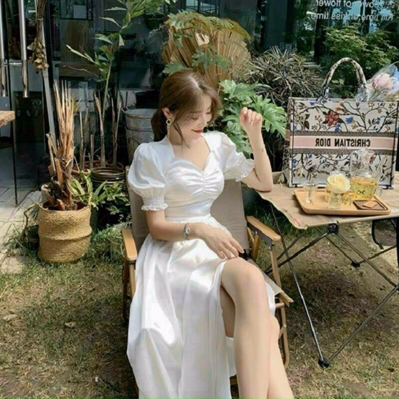 Đầm Xẻ Tà Tay Phồng Chất Đũi Nhăn V182 - Cloudy Dress