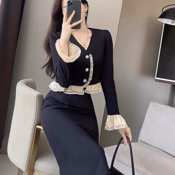 Set Áo Tay Bèo Voan Cài Nút Thật Kèm Chân Váy Dài V191 - Cloudy Dress - Ảnh 2