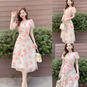 Đầm Váy Nữ Voan Hoa Xếp Ly Tay Phồng Chiết Eo Dd001 - Nana House