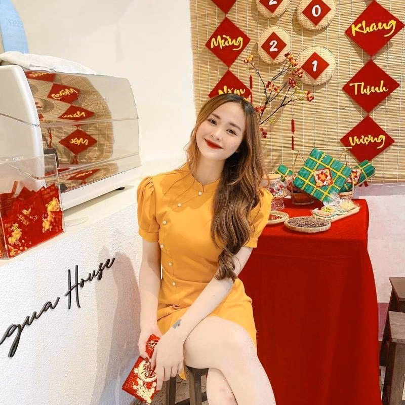 Đầm Cổ Tàu Tay Phồng Dáng Chữ A Đóng Cườm V240 - Lisa - Ảnh 5