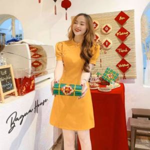 Đầm Cổ Tàu Tay Phồng Dáng Chữ A Đóng Cườm V240 - Lisa