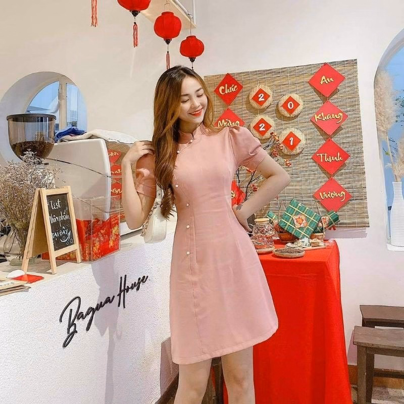 Đầm Cổ Tàu Tay Phồng Dáng Chữ A Đóng Cườm V240 - Lisa - Ảnh 9