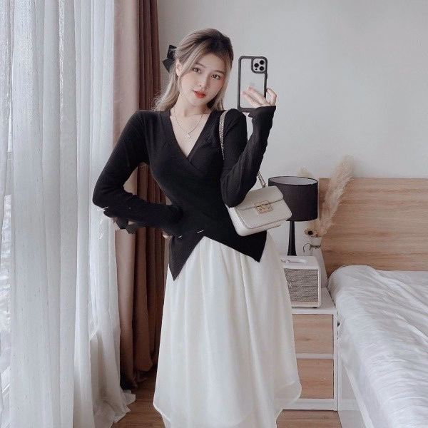 Set Áo Thun Gân Tăm Tay Dài Kèm Chân Váy (Hai Lớp Lót) V185 - Cloudy Dress - Ảnh 2