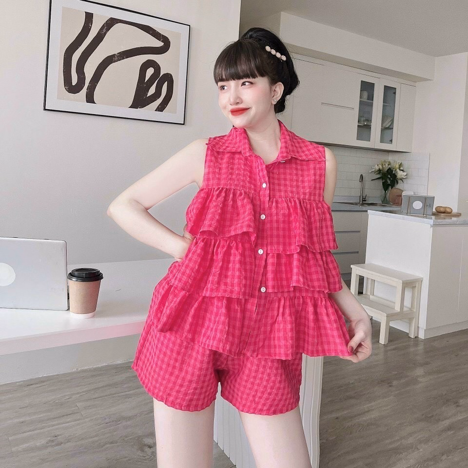 Set Hai Dây Tầng Hoa Phối Quần Ngắn (Dũi Xốp) V227 - Haka Mây - Ảnh 2