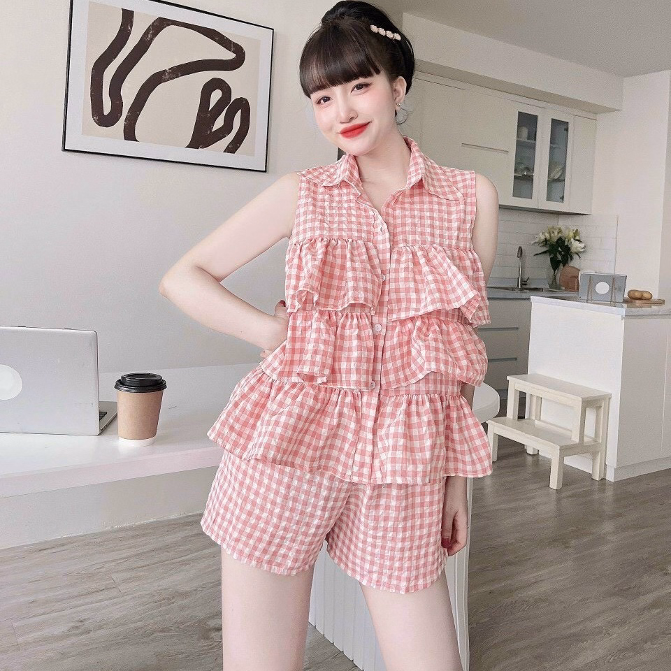 Set Hai Dây Tầng Hoa Phối Quần Ngắn (Dũi Xốp) V227 - Haka Mây