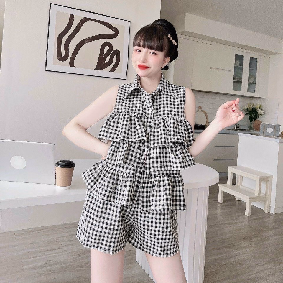 Set Hai Dây Tầng Hoa Phối Quần Ngắn (Dũi Xốp) V227 - Haka Mây - Ảnh 3