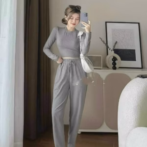 Set Bộ Đồ Nữ Áo Cổ Tròn Tay Dài Kèm Quần Dài Chất Thun Gân M845 - Lisa