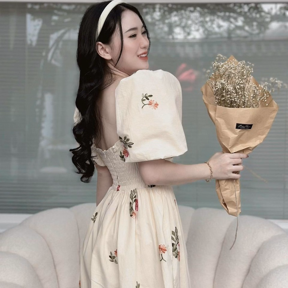 Đầm Nữ Cổ Vuông Tay Phồng Dáng Xòe Chất Voan Hoa Chinfon 2 Lớp Cao Cấp T869 - Lisa - Ảnh 2