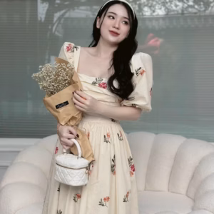 Đầm Nữ Cổ Vuông Tay Phồng Dáng Xòe Chất Voan Hoa Chinfon 2 Lớp Cao Cấp T869 - Lisa