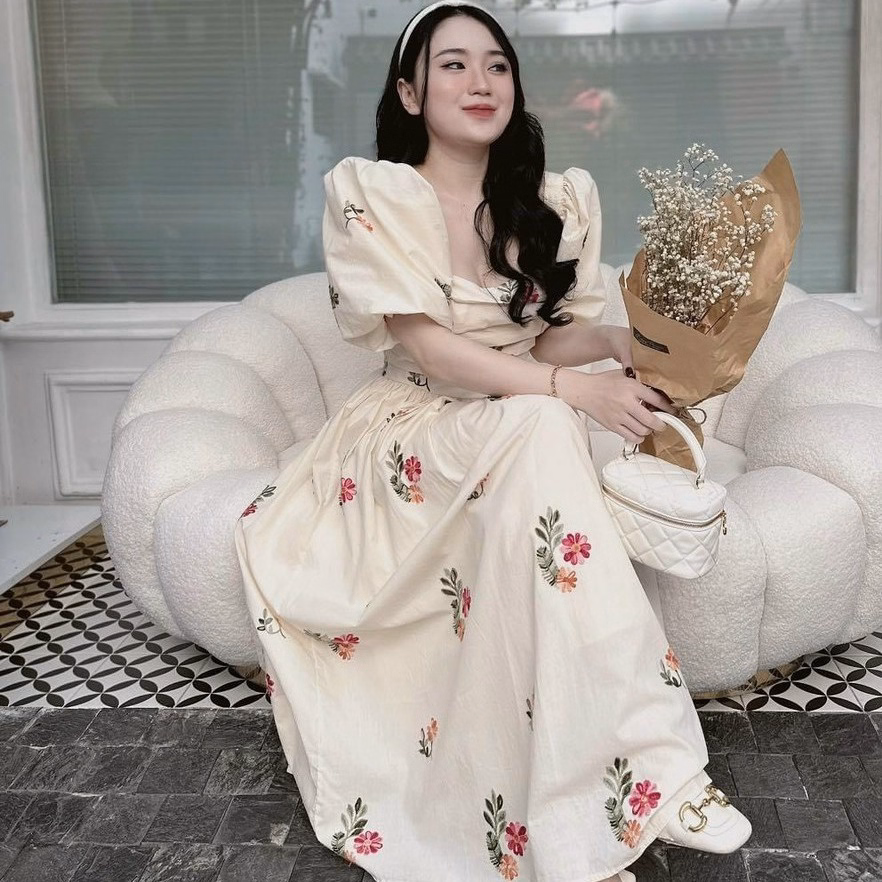 Đầm Nữ Cổ Vuông Tay Phồng Dáng Xòe Chất Voan Hoa Chinfon 2 Lớp Cao Cấp T869 - Lisa - Ảnh 4