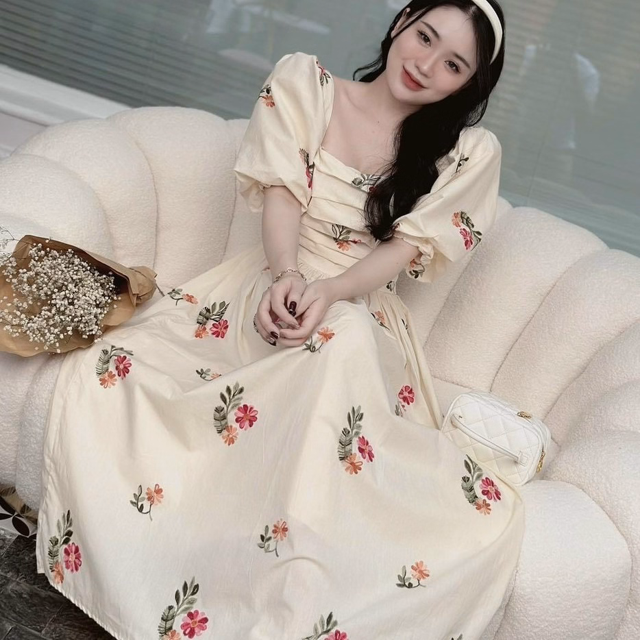 Đầm Nữ Cổ Vuông Tay Phồng Dáng Xòe Chất Voan Hoa Chinfon 2 Lớp Cao Cấp T869 - Lisa - Ảnh 3