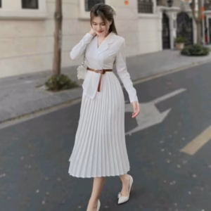 Set Chân Váy Dập Ly Kèm Áo Vest Tay Dài Cài Nút Thật Chất For T904 - Lisa