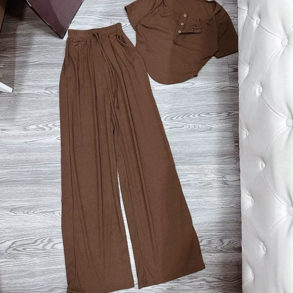 Set Bộ Đồ Nữ Áo Croptop Cổ Tròn Tay Ngắn Kèm Quần Dài Chất Len Tăm M916 - Lisa - Ảnh 5