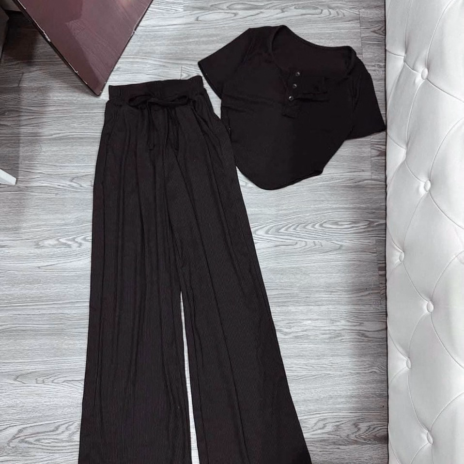 Set Bộ Đồ Nữ Áo Croptop Cổ Tròn Tay Ngắn Kèm Quần Dài Chất Len Tăm M916 - Lisa - Ảnh 4