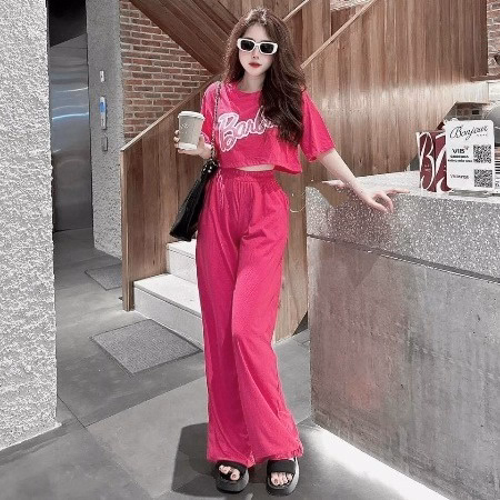 Set Đồ Bộ Nữ Áo Croptop Cổ Tròn Tay Ngắn Kèm Quần Dài Chất Thun M793 - Aine - Ảnh 2