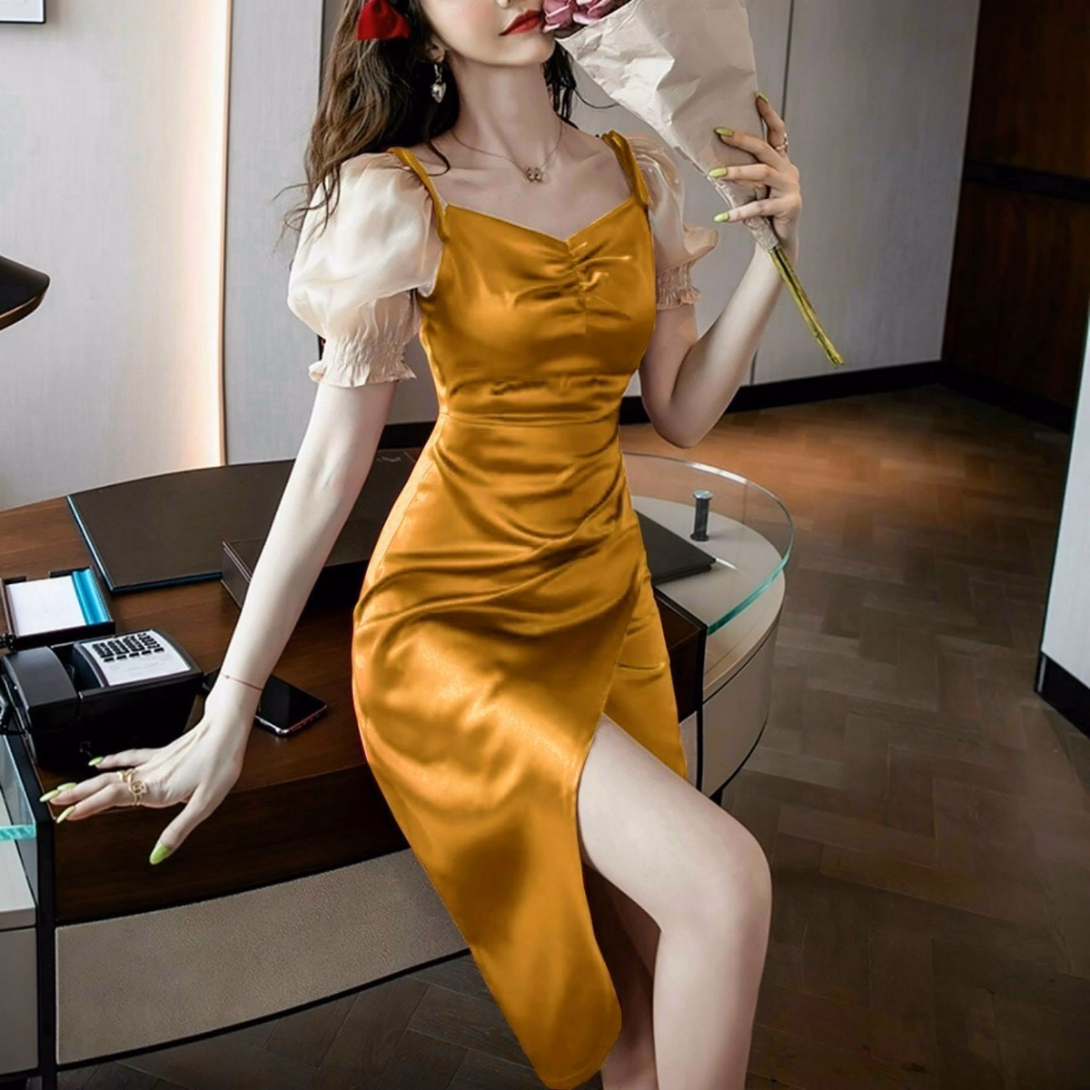 Đầm Xẻ Tà Phối Voan Kiến Sang Chảnh V344 - Haka Mây - Ảnh 3