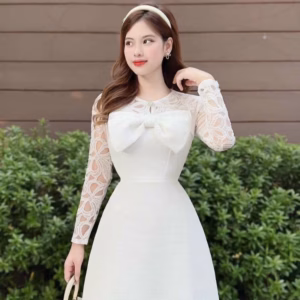 Váy Dự Tiêc Dáng Xòe Tay Dài Đính Kèm Nơ Sang Chảnh V361 - Haka Mây