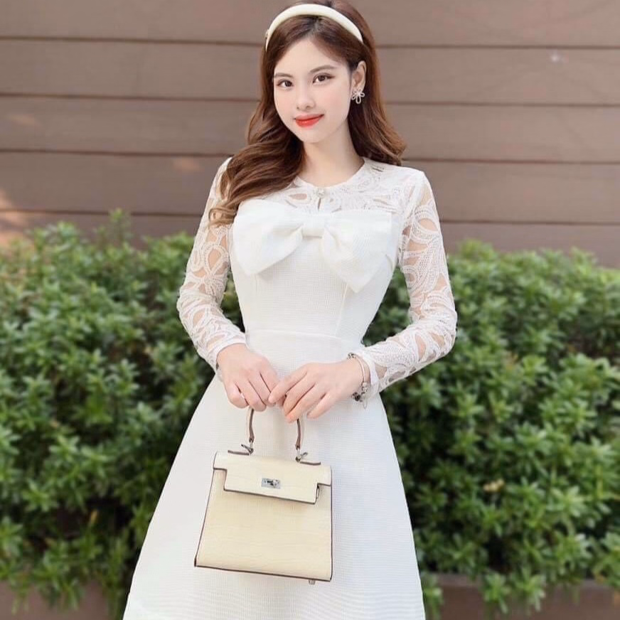 Váy Dự Tiêc Dáng Xòe Tay Dài Đính Kèm Nơ Sang Chảnh V361 - Haka Mây - Ảnh 2