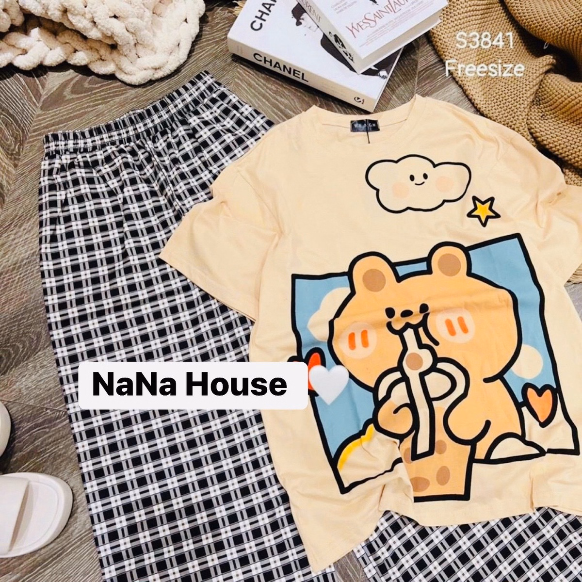 Set Bộ Thun Nữ Áo In Hình Gấu Phối Quần Caro Dd009 - Nana House - Ảnh 2