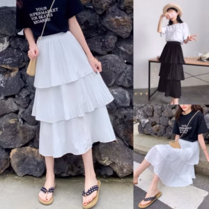 Chân Váy Xòe 3 Tầng Xếp Ly Dáng Dài , Chân Váy Midi Ulzzang Cạp Chun Hàn Quốc - Dmastore