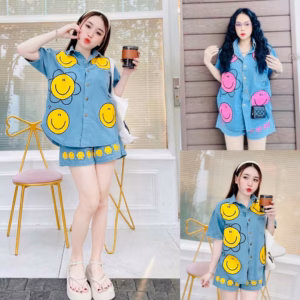 Set Bộ Đồ Jean Nữ Hoa Tiết Mặt Cười Ug021 - Nana House