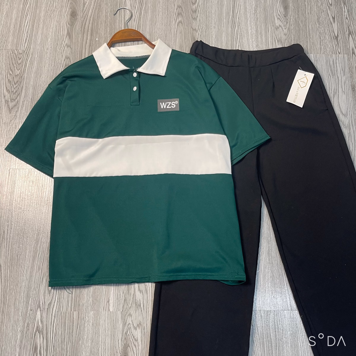 Set Bộ Áo Thun Polo Wsz Xanh + Quần Ống Rộng Đen Cạp Chun Hack Dáng - Ảnh 3