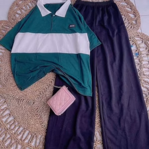 Set Bộ Áo Thun Polo Wsz Xanh + Quần Ống Rộng Đen Cạp Chun Hack Dáng