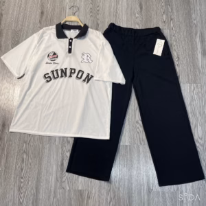 Bộ Nữ, Set Polo Sunpon + Quần Ống Rộng Đen Cạp Chun Chất Cotton Su
