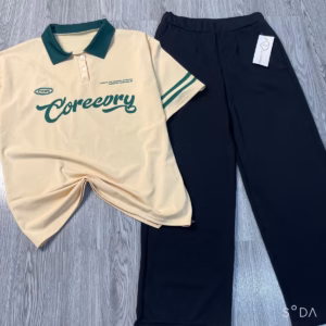Bộ Nữ, Set Polo Coreevry + Quần Ống Rộng Đen Cạp Chun Cotton Su