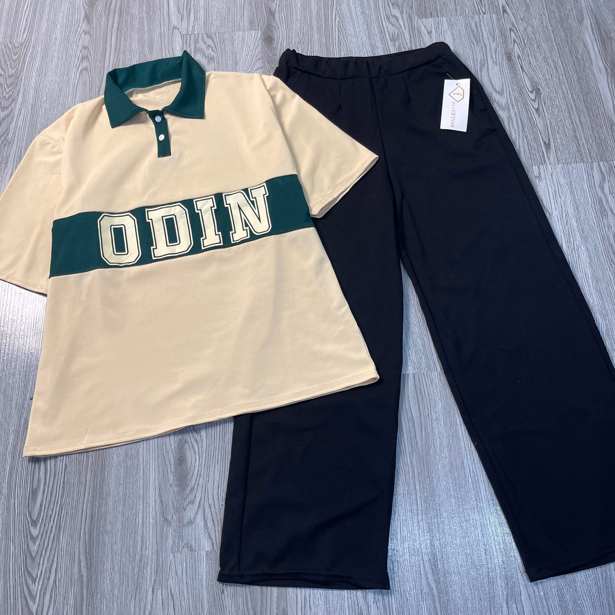 Sét Bộ Nữ, Gồm Quần Ống Rộng Cạp Chun Đen Hack Dáng + Mix Kèm Áo Polo Chữ -Odin - Ảnh 5
