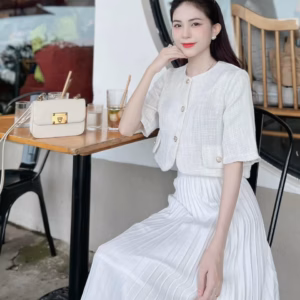 Set Áo Xốp Caro Cài Nút Thật Kèm Chân Váy Voan Dập Ly T667 - Aine