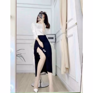 Set Bộ Áo Sơ Mi Cổ Thuyền Tay Lỡ Kèm Chân Váy Xẻ Tà Phù Hợp Đi Làm, Dạo Phố, Đi Học Siêu Sinh Av04T - Aine