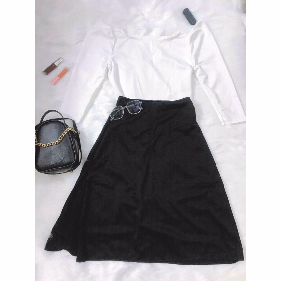 Set Bộ Áo Sơ Mi Cổ Thuyền Tay Lỡ Kèm Chân Váy Xẻ Tà Phù Hợp Đi Làm, Dạo Phố, Đi Học Siêu Sinh Av04T - Aine - Ảnh 3