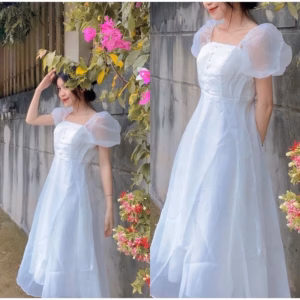 Đầm Tiểu Thư 2 Lớp Siêu Xinh Phối Cổ Vuông Tay Phồng Đính Cườm Vải Voan Tơ Bóng V186 - Aine