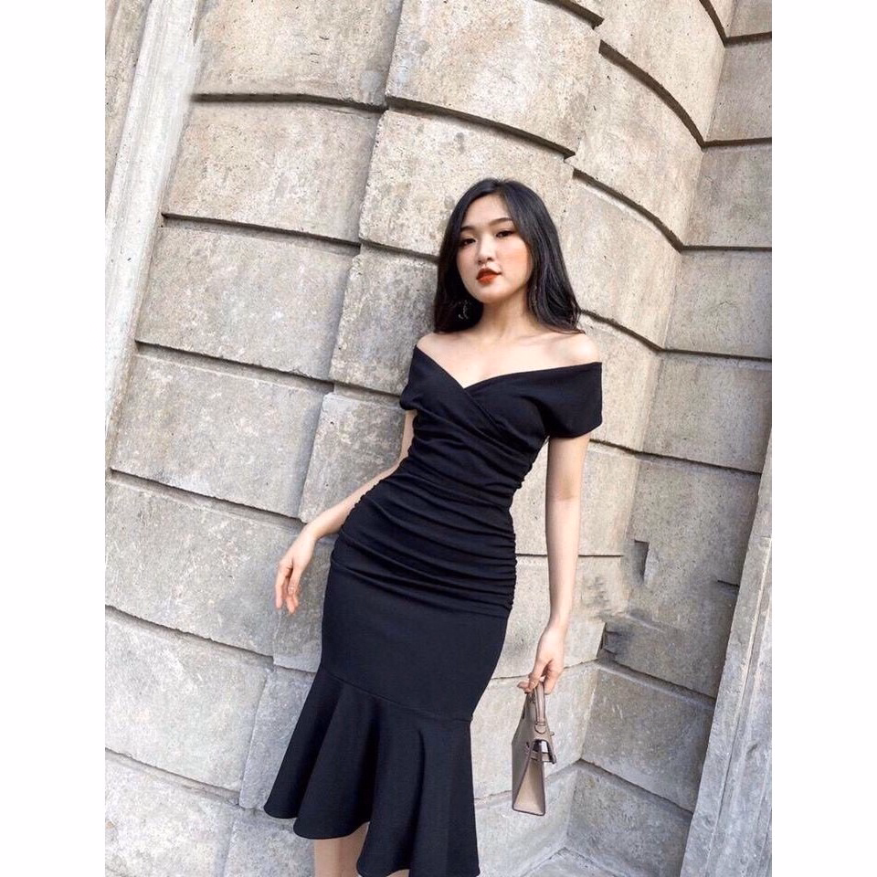 Đầm Nữ Ôm Body Trễ Vai Cổ V Nhún Eo Đuôi Cá V198 - Aine - Ảnh 3