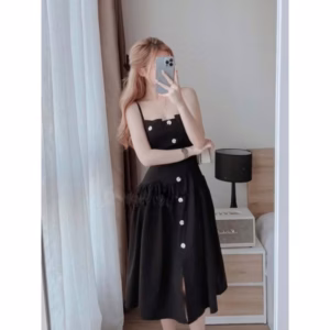 Đầm 2 Dây Dáng Dài Phối Nút Thật Yado Thiết Kế Kiểu Xòe Xếp Ly Xẻ Tà V199 - Aine