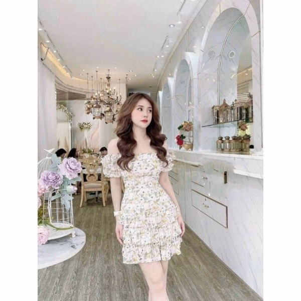 Váy Đầm Nữ Dáng Ôm Họa Tiết Hoa Nhí Kiểu Bẹt Vai Váy Xếp Tầng V202 - Aine - Ảnh 3