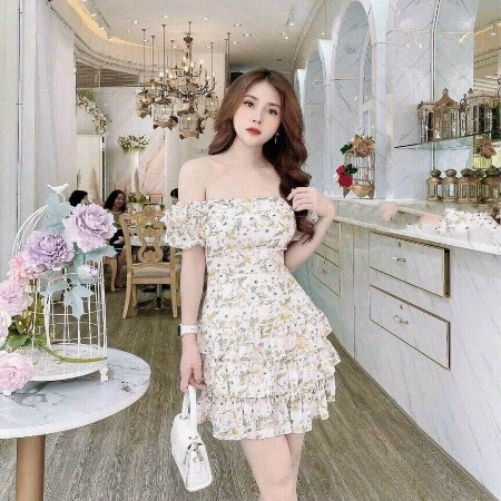 Váy Đầm Nữ Dáng Ôm Họa Tiết Hoa Nhí Kiểu Bẹt Vai Váy Xếp Tầng V202 - Aine - Ảnh 2