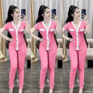 Set Bộ Đồ Nữ Áo Thun Cổ Tim Tay Ngắn Kèm Quần Dài Chất Thun Xốp M920 - Aine