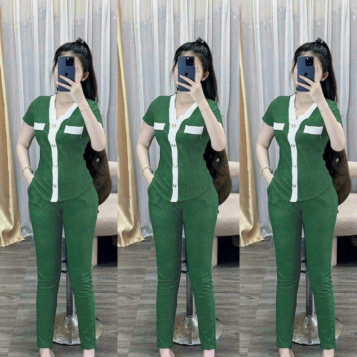 Set Bộ Đồ Nữ Áo Thun Cổ Tim Tay Ngắn Kèm Quần Dài Chất Thun Xốp M920 - Aine - Ảnh 3