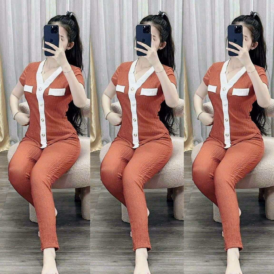 Set Bộ Đồ Nữ Áo Thun Cổ Tim Tay Ngắn Kèm Quần Dài Chất Thun Xốp M920 - Aine - Ảnh 4