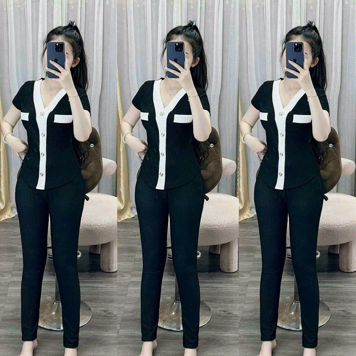 Set Bộ Đồ Nữ Áo Thun Cổ Tim Tay Ngắn Kèm Quần Dài Chất Thun Xốp M920 - Aine - Ảnh 5