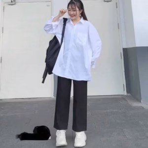 Set Sơ Mi Dài Tay + Quần Ống Rộng Đen Dài Học Sinh
