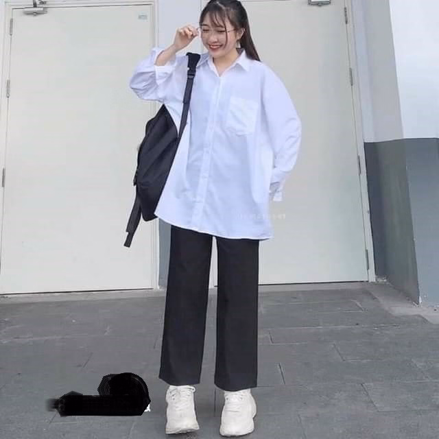 Set Sơ Mi Dài Tay + Quần Ống Rộng Đen Dài Học Sinh