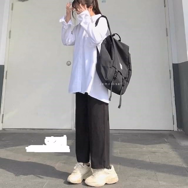 Set Sơ Mi Dài Tay + Quần Ống Rộng Đen Dài Học Sinh - Ảnh 3