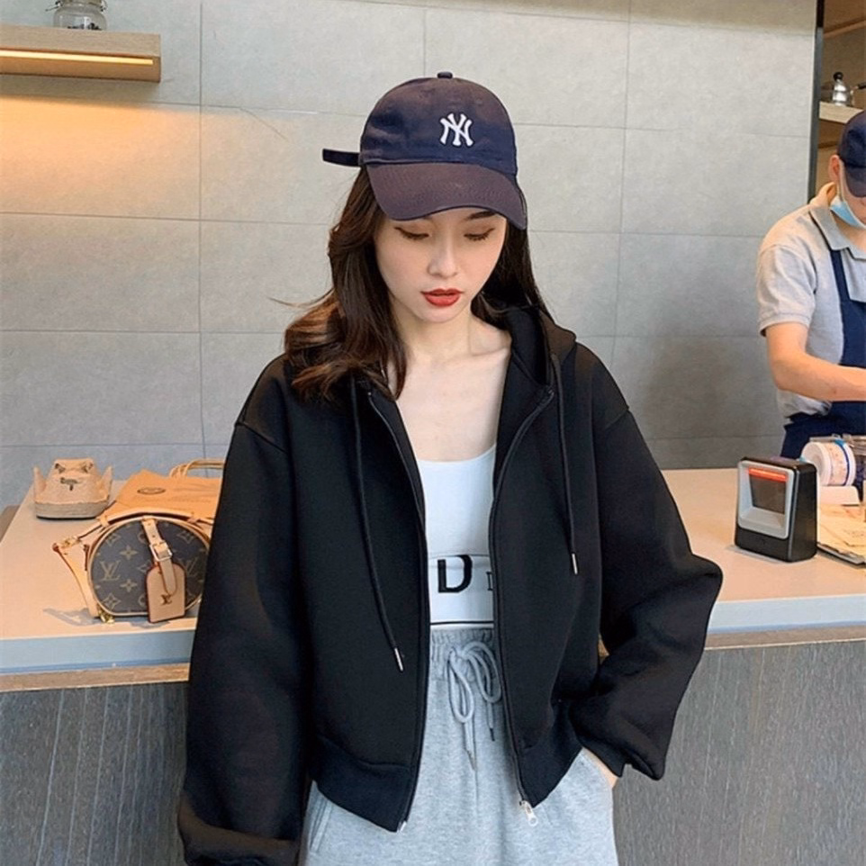 Áo Khoác Nữ Croptop Chất Vải Nỉ Trơn Dây Kéo Có Nón Cao Cấp - Htm Fashion - Ảnh 2